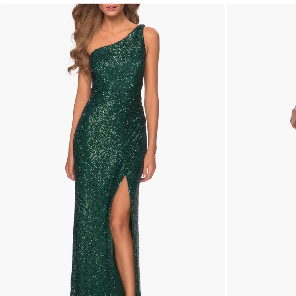 La Femme Glittering Green One-Shoulder Dress